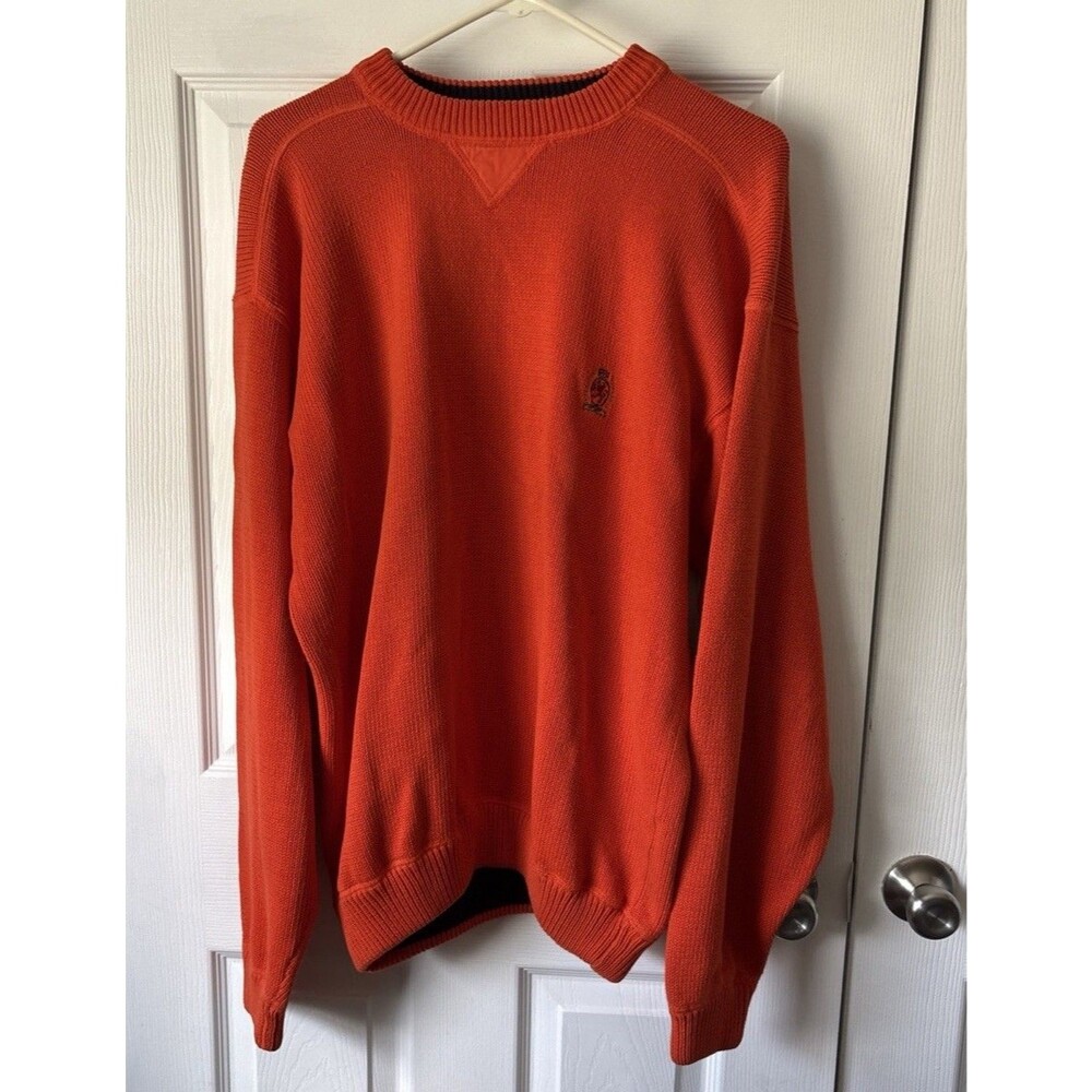 VTG Tommy Hilfiger Sweater Mens L Orange Logo Heavy Knit Crewneck Sweatshirt 90s
